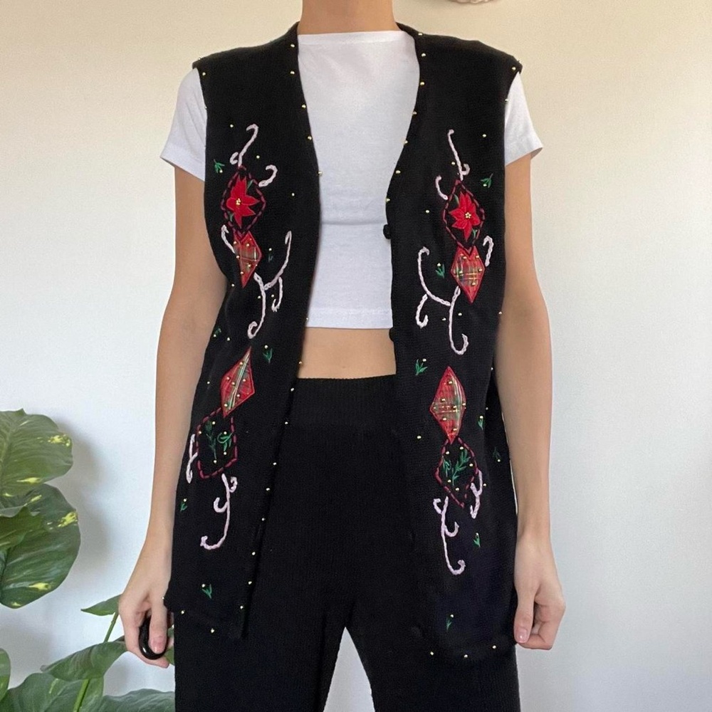 Vintage black Christmas Holiday knitted sweater vest size large - Picture 4 of 7